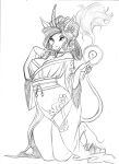 2024 anthro asian_clothing black_and_white breasts chochi cleavage clothed clothing digitigrade east_asian_clothing female graphite_(artwork) hi_res hooves horn japanese_clothing kimono kneeling monochrome pencil_(artwork) pose sketch solo traditional_media_(artwork) unicorn_horn