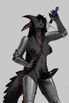 anthro armor big_clitoris boziee breasts claws clitoris crocodile_tail dragon female genitals hair hi_res intersex long_hair melee_weapon nude original_character penis red_eyes solo sword warrior weapon