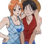  1boy 1girl 41097772s arm_around_neck armpit_crease bare_arms bare_shoulders black_hair blue_shorts blue_tank_top breasts buttons collarbone hand_on_own_hip hat heart highres large_breasts looking_at_viewer monkey_d._luffy nami_(one_piece) one_piece open_mouth orange_hair parted_lips red_vest scar scar_on_cheek scar_on_face short_hair shorts straw_hat tank_top teeth upper_body upper_teeth_only vest white_background yellow_headwear 