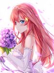  1girl bare_shoulders blue_eyes blush bouquet breasts bridal_veil cleavage collarbone commentary dress elbow_gloves falling_petals flower gloves go-toubun_no_hanayome hair_between_eyes hair_ornament holding holding_bouquet incoming_food large_breasts long_hair looking_at_viewer looking_to_the_side muwa12 nakano_itsuki petals purple_flower red_hair simple_background smile star_(symbol) star_hair_ornament strapless strapless_dress tiara veil wedding_dress white_dress white_gloves 