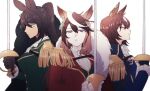  3girls animal_ears black_gloves black_hair blue_eyes blue_jacket blue_vest breasts brown_hair closed_mouth earrings epaulettes feather_boa gloves green_jacket green_vest hand_up holding holding_sword holding_weapon horse_ears jacket jewelry korean_commentary long_hair looking_at_viewer multicolored_hair multiple_girls neckerchief parted_lips ponytail purple_eyes rapier red_eyes red_jacket shirt simple_background single_earring sirius_symboli_(umamusume) small_breasts streaked_hair sword symboli_kris_s_(umamusume) symboli_rudolf_(umamusume) taisaaa umamusume upper_body vest weapon white_background white_gloves white_neckerchief white_shirt 