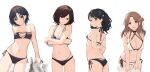  3: 4girls :d absurdres alternate_costume aqua_eyes asakura_toru ass bikini black_bikini black_hair breasts brown_eyes brown_hair choker closed_mouth cowboy_shot earrings fukumaru_koito gin00 hair_bun hair_ornament hairclip highres higuchi_madoka ichikawa_hinana idolmaster idolmaster_shiny_colors jewelry large_breasts long_hair looking_at_viewer medium_breasts mole mole_under_eye multiple_girls navel noctchill_(idolmaster) open_mouth parted_bangs purple_eyes short_hair side-tie_bikini_bottom sideboob simple_background single_side_bun small_breasts smile standing stomach strapless strapless_bikini swimsuit twintails white_background white_bikini 