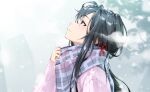  1girl black_hair blue_eyes hair_ribbon highres long_hair long_sleeves looking_up pink_sweater plaid plaid_scarf portrait profile red_ribbon ribbon scarf solo sweater tochi_keisuke upper_body yahari_ore_no_seishun_lovecome_wa_machigatteiru. yukinoshita_yukino 