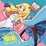 ! 1girl :&gt; blonde_hair blush braid closed_mouth clothed_pokemon cosmog dress eyelashes green_eyes highres kinocopro lillie_(pokemon) long_hair looking_to_the_side milestone_celebration open_mouth pokemon pokemon_(creature) pokemon_usum sleeveless sleeveless_dress smile spoken_exclamation_mark strap sweatdrop thank_you twin_braids two-tone_background white_dress yellow_eyes 