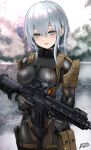  1girl assault_rifle bodysuit breasts commentary_request commission frogs_(metal_gear) grey_eyes grey_hair gun h&amp;k_hk416 highres holding holding_gun holding_weapon looking_at_viewer medium_breasts metal_gear_(series) metal_gear_solid metal_gear_solid_4:_guns_of_the_patriots original rifle signature skeb_commission solo standing sunao_(70_the) thigh_pouch weapon 