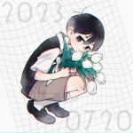  1boy 2023 antenna_hair black_footwear black_hair black_vest bouquet brown_shorts child chromatic_aberration collared_shirt commentary dated empty_eyes expressionless flower from_side full_body hair_between_eyes holding holding_bouquet kneehighs leaf leaning_forward loafers looking_at_viewer male_focus mitsubachi_koucha no_pupils omori shirt shoes short_hair shorts signature simple_background socks solo squatting sunny_(omori) symbol-only_commentary tulip twitter_username vest white_background white_flower white_shirt white_socks white_tulip 