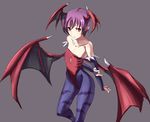  animal_print bare_shoulders bat_print bat_wings bridal_gauntlets demon_girl elbow_gloves flat_chest gloves head_wings leotard lilith_aensland pantyhose print_legwear purple_hair red_eyes red_leotard short_hair solo tsuuhan vampire_(game) wings 