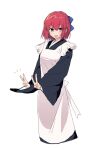  1girl :d apron black_kimono blue_bow bow cropped_legs double_v hair_bow highres japanese_clothes kaigan0211 kimono kohaku_(tsukihime) light_blush long_sleeves maid open_mouth red_hair short_hair simple_background smile solo teeth tsukihime upper_teeth_only v wa_maid white_apron white_background wide_sleeves yellow_eyes 