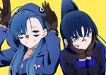  2girls ado_(utaite) ahoge asymmetrical_bangs blue_eyes blue_hair blue_jacket brown_gloves clenched_teeth closed_mouth cloud_nine_inc collarbone commentary_request facial_mark gloves hair_between_eyes hands_on_own_cheeks hands_on_own_face hands_up highres hood hood_up jacket long_hair long_sleeves looking_at_viewer matryoshka_(vocaloid) merry_(ado) multiple_girls naima_(ado) nori_(norinori_yrl) ponytail readymade_(ado) simple_background smile teeth upper_body usseewa yellow_background zipper zipper_pull_tab 