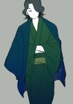  1boy :/ alternate_costume black_eyes black_hair closed_mouth commentary_request facial_hair feet_out_of_frame goatee_stubble green_kimono green_sash grey_background hacchi_(napoli_no_otokotachi) hair_over_one_eye hands_in_opposite_sleeves haori jacket jacket_on_shoulders japanese_clothes kimono long_sleeves looking_to_the_side male_focus medium_hair mutsu_umi napoli_no_otokotachi one_eye_covered sash solo standing stubble wavy_hair 