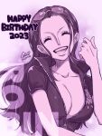  1girl 2023 ^_^ breasts chaa_(aoichar522_) cleavage closed_eyes commentary_request cropped_jacket dated eyewear_on_head happy_birthday highres long_hair nico_robin one_piece purple_theme signature simple_background smile solo upper_body zipper 