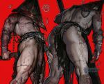  1boy abs artist_name ass bara belt blood blood_on_body blood_on_clothes chain covered_face feet_out_of_frame highres holding holding_sword holding_weapon huge_ass loincloth male_focus manly mask mature_male muscular muscular_male nipples pectorals pyramid_head red_background silent_hill_(series) silent_hill_2 simple_background solo sword thick_arms thick_thighs thighs twitter_username umikochannart weapon 