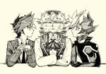  3boys afterimage ai_(yu-gi-oh!) bodysuit boy_sandwich dual_persona elbows_on_table facing_another fujiki_yuusaku gakuran long_sleeves looking_around multiple_boys own_hands_together parody playmaker sandwiched school_uniform short_hair spiked_hair spinning_head the_weaker_sex_1_(gibson) upper_body yaoi yu-gi-oh! yu-gi-oh!_vrains yy06370 