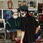  2boys black_eyes black_hair black_shirt cash_register clenched_teeth commentary convenience_store english_commentary green_shirt highres itou_kaiji kaiji long_hair looking_at_viewer looking_back male_focus mask medium_bangs mouth_mask multiple_boys plaid plaid_shirt scar scar_on_cheek scar_on_face shirt shop short_sleeves sunglasses sweatdrop teeth upper_body zvz_(tt82295946) 