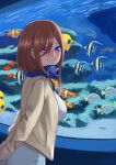  1girl aquarium arms_behind_back blue_eyes breasts brown_hair commentary_request fish fish_tank from_side go-toubun_no_hanayome gomashiwo_o hair_between_eyes headphones headphones_around_neck jacket large_breasts long_hair long_sleeves looking_at_viewer looking_to_the_side nakano_miku open_clothes open_jacket shirt skirt smile solo white_shirt 