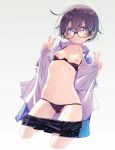  1girl :o absurdres black-framed_eyewear black_bow black_bra black_hair black_panties blue_eyes bow bra breasts collared_shirt commentary_request double_v glasses grey_background hair_between_eyes hands_up highres jacket looking_at_viewer nipples open_clothes open_shirt original panties sakuya_tsuitachi shelf_bra shirt simple_background small_breasts solo sweat thick_eyebrows underwear v wavy_mouth white_shirt 