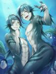  2boys abs air_bubble artist_name bishounen blue_background blue_hair blue_skin body_markings brothers bubble closed_mouth colored_skin eel_boy fingernails fins floyd_leech gills green_eyes hand_up head_fins heterochromia jade_leech looking_at_viewer m_akido male_focus monster_boy multicolored_hair multiple_boys open_mouth sharp_fingernails sharp_teeth short_hair siblings smile streaked_hair sunlight teeth twins twisted_wonderland twitter_username underwater upper_body webbed_hands yellow_eyes 