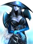  absurdres armor blue_lipstick blue_skin braid breasts cleavage cleavage_cutout covered_eyes helmet helmet_over_eyes highres kumiko_shiba large_breasts league_of_legends lips lipstick lissandra long_hair makeup pauldrons single_braid solo very_long_hair white_hair 