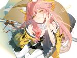  1girl animal_ear_fluff animal_ears bow fate/samurai_remnant fate_(series) fox_ears fox_girl fox_tail hair_bow highres japanese_clothes kimono long_hair looking_at_viewer pink_hair short_eyebrows sleeves_past_wrists smile solo tail tamamo_(fate) tamamo_aria_(fate) white_bow yellow_bow yellow_eyes yellow_kimono yomi_3252 
