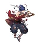  1boy bare_shoulders blue_hair clenched_teeth damaged fire_emblem fire_emblem_engage fire_emblem_heroes h hair_ornament hair_over_one_eye hair_up hairclip highres holding holding_sheath holding_sword holding_weapon japanese_clothes kagetsu_(fire_emblem) katana non-web_source official_art one_eye_closed sandals sheath solo sword teeth torn_clothes weapon 
