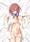  1girl :t absurdres averting_eyes bed_sheet blue_eyes breasts breasts_apart brown_hair closed_mouth collared_shirt commentary from_above go-toubun_no_hanayome headphones headphones_around_neck highres large_breasts long_hair long_hair_between_eyes long_sleeves looking_at_viewer lying nakano_miku navel off_shoulder on_back open_clothes open_shirt panties panty_pull pout shirt solo stomach underwear white_panties white_shirt zhe_(jeph2885) 