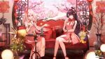  2girls benghuai_xueyuan calligraphy_brush cherry_blossoms china_dress chinese_clothes chinese_new_year cleavage_cutout clothing_cutout couch dress fu_hua fu_hua_(phoenix) gradient_hair hair_between_eyes hair_ornament high_ponytail hokushin_mei homu_(honkai_impact) honkai_(series) long_hair low-tied_long_hair multicolored_hair multiple_girls official_art on_couch paintbrush purple_hair red_tassel thigh_strap 