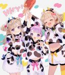  3girls :d ^_^ animal_ears animal_print arm_up blonde_hair blue_ribbon blunt_bangs blunt_ends boned_meat brown_hair closed_eyes commentary_request cow_ears cow_horns cow_print cow_tail cropped_hoodie fake_animal_ears fake_horns food fur_skirt green_scrunchie hair_ornament hair_scrunchie hairband happy_new_year hood hood_down hoodie horns inogashi long_hair long_sleeves looking_at_viewer manaka_non manaka_non_(normal) meat midriff multiple_girls open_mouth outstretched_arm pink_ribbon pretty_series pripara purple_eyes purple_hair ribbon scrunchie short_hair side_ponytail smile standing tail taiyo_pepper tsukikawa_chili tsukikawa_chili_(normal) two_side_up v yellow_ribbon 