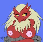  anthro areola big_breasts blaziken blonde_hair blue_background blue_eyes blush breasts crossed_arms cute darkdragonv0942 erect_nipples female hair jmynstyx looking_away nintendo nipples plain_background pok&#233;mon pok&eacute;mon smile solo video_games 