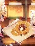  3girls absurdres animal_ear_fluff animal_ears black-framed_eyewear black_jacket blonde_hair blue_eyes brown_hair chibi closed_eyes colored_tips commentary dog_ears dog_girl doughnut eating fake_horns fang food food_on_face fur-trimmed_jacket fur_trim fuwawa_abyssgard fuwawa_abyssgard_(1st_costume) gradient_hair hair_between_eyes headgear highres holding holding_plate holding_tongs hololive hololive_english horns indoors jacket long_hair looking_at_another looking_down looking_up mechanical_legs mococo_abyssgard mococo_abyssgard_(1st_costume) multicolored_hair multiple_girls open_mouth plate pon_de_ring red_hair roboco-san seiza siblings sisters sitting skin_fang sleeves_past_wrists sue_(bg-bros) teardrop-framed_glasses tongs twins virtual_youtuber wooden_floor yellow_eyes 