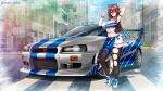  1girl 2_fast_2_furious animal_ears arm_strap armpits bike_shorts_under_skirt black_thighhighs blue_eyes blue_skirt brown_hair car cat_ears city cropped_shirt fake_animal_ears go-toubun_no_hanayome hair_behind_ear hair_between_eyes highres imrinzlergtz_art looking_at_viewer midriff motor_vehicle nakano_miku navel nissan nissan_skyline nissan_skyline_gt-r nissan_skyline_r34 outdoors shadow shirt shoes skindentation skirt sneakers solo spoiler_(automobile) the_fast_and_the_furious thighhighs twitter_username v vehicle_focus white_footwear white_shirt 