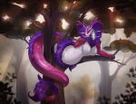 absurd_res anthro apode belly cmitchell draconcopode female forest hi_res horn legless long_tail naga plant purple_body purple_eyes purple_skin reptile scales scalie serpentine snake solo stripes tail tree vore white_belly