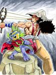  cape clothing crossover dragon duo friendship_is_magic hat human irie-mangastudios long_nose male mammal mask muscles my_little_pony one_piece rock scalie sling_shot slingshot spike_(mlp) usopp weapon 