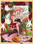  2girls bang_dream! bang_dream!_it&#039;s_mygo!!!!! between_legs black_footwear black_skirt black_thighhighs blue_eyes blush boots border breasts cang_(akaga204) chair chihaya_anon chinese_commentary christmas christmas_card christmas_tree closed_mouth collared_shirt commentary cup dress dress_shirt english_text food gift grey_eyes half_updo high_heel_boots high_heels highres ice_cream long_hair long_sleeves looking_at_viewer medium_breasts mug multiple_girls nagasaki_soyo outside_border parted_lips pink_hair pizza polka_dot polka_dot_skirt red_dress shirt sidelocks sitting skirt socks sweatdrop thigh_boots thighhighs thighhighs_under_boots white_shirt yellow_border yuri 