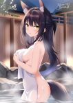  1girl absurdres animal_ear_fluff animal_ears black_hair blush breasts commentary_request fox_ears fox_tail highres himura_moritaka long_hair looking_at_viewer medium_breasts naked_towel night nude onsen open_mouth original outdoors ponytail rock sideboob signature solo standing steam tail towel wet yellow_eyes 