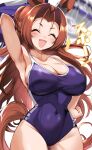  1girl absurdres animal_ears antenna_hair armpits blue_one-piece_swimsuit breasts brown_hair cleavage closed_eyes covered_navel covered_nipples hair_intakes hand_on_own_hip highres horse_ears horse_tail kawakami_princess_(umamusume) large_breasts laughing long_hair maou_(maoudaisukiya) one-piece_swimsuit swimsuit tail umamusume 