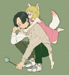  1boy 1girl animal_ears black_eyes black_hair blonde_hair blush brown_sweater curtained_hair dress facial_hair fang fox_ears fox_tail full_body furrowed_brow goatee_stubble green_background green_pants green_shirt hacchi_(napoli_no_otokotachi) hand_on_own_cheek hand_on_own_face holding holding_wand hug hug_from_behind long_sleeves looking_at_another looking_back mutsu_umi napoli_no_otokotachi open_mouth pants pele_(napoli_no_otokotachi) pink_dress plaid plaid_shirt shirt shirt_under_sweater shoes short_hair slav_squatting smile sneakers squatting striped_background stubble sweatdrop sweater tail tiptoes wand 