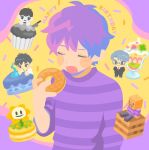  5boys asymmetrical_sleeves cake cake_slice character_request check_character chibi chibi_inset copyright_request crossover cupcake doughnut dual_persona eating flowey_(undertale) food happy_birthday himuro_reiichi holding_doughnut imminent_bite jack-o&#039;_ran-tan male_focus minecraft multicolored_background multiple_boys multiple_crossover napoli_no_otokotachi omori omori_(omori) open_mouth parfait partially_colored purple_background purple_hair short_hair sleeve_pushed_up sprinkles striped_clothes striped_sweater sweater tokimeki_memorial tokimeki_memorial_girl&#039;s_side undertale uneven_sleeves upper_body yan_(yanmaroyan) yellow_background 