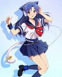  :d animal_ears bell belt blue_hair blue_legwear blush buckle cable cat_ears cat_tail headphones highres hina_(araburu-hinadori) idolmaster idolmaster_(classic) kisaragi_chihaya long_hair looking_at_viewer open_mouth ribbon school_uniform serafuku silhouette skirt smile socks tail tail_bell tail_ribbon very_long_hair yellow_eyes yellow_ribbon 