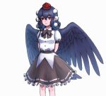  1girl arms_behind_back bare_legs black_bow black_bowtie black_hair black_skirt black_wings bow bowtie breasts buttons channel_ikihaji closed_mouth collared_shirt expressionless feathered_wings frilled_skirt frills hair_between_eyes hat looking_at_viewer pointy_ears pom_pom_(clothes) puffy_short_sleeves puffy_sleeves red_eyes red_headwear shameimaru_aya shirt shirt_tucked_in short_sleeves sidelocks simple_background skirt small_breasts solo standing tokin_hat touhou white_background white_shirt wings 