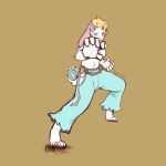 2024 absurd_res action_pose anthro blonde_hair bottomwear bra breasts clothing cotton_tail digital_drawing_(artwork) digital_media_(artwork) digitigrade ears_tied_back exposed_belly female fur hair hare hi_res lagomorph leporid long_ears mammal marcoartz martial_arts navel pose seizobaru simple_background solo sports_bra underwear watermark white_body white_fur