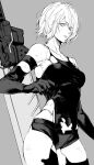  1girl a2_(nier:automata) absurdres android bare_shoulders breasts commentary_request elbow_gloves gloves grey_background greyscale highres joints lips looking_at_viewer medium_breasts mole mole_under_mouth monochrome nier:automata nier_(series) nishiii26miii parted_lips robot_joints short_hair short_shorts shorts solo sword torn_clothes weapon weapon_on_back 