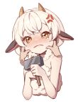  1girl 1other anger_vein animal_ears bare_shoulders blush brown_eyes cheek_pinching cropped_torso disembodied_limb eyebrows_hidden_by_hair hammer holding holding_hammer horns konbu_(hida123) lamball looking_at_viewer nose_blush palworld personification pinching sheep_ears sheep_girl sheep_horns simple_background solo_focus tears thick_eyebrows upper_body white_background white_hair 