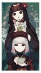  2girls :&lt; black_eyes black_hair black_headwear black_kimono blunt_bangs border chajinbou closed_mouth cup drink fate/grand_order fate_(series) floral_background flower ghost_hands green_background hair_flower hair_ornament half-closed_eyes holding holding_cup holding_drink japanese_clothes kanitama_(putyourhead) kimono komahime_(fate) long_hair looking_at_viewer multiple_girls open_mouth red_flower red_kimono sen_no_rikyu_(fate) sen_no_rikyu_(first_ascension)_(fate) short_hair upper_body white_border white_hair 