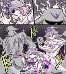  2girls 2others absurdres breasts chest_jewel cleavage dunkemz gem grey_hair highres hololive hololive_english jojo_no_kimyou_na_bouken kneeling koseki_bijou koseki_bijou_(1st_costume) long_hair looking_at_viewer medium_hair multiple_girls multiple_others purple_eyes purple_gemstone sleeveless virtual_youtuber wings 