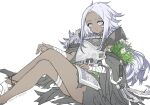  1girl arknights armor ass bandaged_arm bandaged_leg bandages black_cape bonjirix book_on_lap cape commentary dark-skinned_female dark_skin dated feet_out_of_frame flower highres inam_(arknights) knee_up long_hair purple_eyes purple_hair simple_background solo twitter_username white_background 