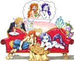  &lt;3 bag blue_eyes breasts brown_eyes cleavage clothed clothing crossover dragon equine female feral friendship_is_magic glass group hair horn horse human irie-mangastudios magic male mammal money my_little_pony nami one_piece orange_hair plain_background plate pony purple_body rarity_(mlp) sanji_(one_piece) scalie sofa spike_(mlp) thought_bubble unicorn white_background 
