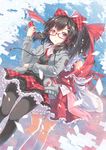  alternate_costume back-to-back bespectacled black_hair black_legwear blush bow brown_hair casual cellphone cellphone_strap contemporary dated detached_sleeves dual_persona dutch_angle frills glasses hair_bow hair_ornament hair_tubes hairclip hakurei_reimu highres hood hoodie kneehighs kneepits long_hair looking_at_viewer north_abyssor open_clothes open_hoodie pantyhose phone plaid plaid_skirt red_eyes ribbon school_uniform short_hair signature skirt sky thighhighs torii touhou white_legwear yin_yang 