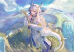  1girl absurdres aqua_eyes arknights barefoot blonde_hair blue_hair blue_sky blush chinese_commentary cloud day dragon_horns earrings eyeliner highres horns jewelry lolifreak long_hair makeup multicolored_hair necklace outdoors pointy_ears rice_(plant) rice_paddy shu_(arknights) sky smile solo tail white_hair 
