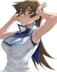  1girl armpits arms_up blush breasts brown_eyes brown_hair closed_mouth duel_academy_uniform_(yu-gi-oh!_gx) hair_between_eyes highres large_breasts long_hair looking_at_viewer rourou_ill shirt sleeveless sleeveless_shirt solo sweat tenjouin_asuka twitter_username upper_body white_background white_shirt yu-gi-oh! yu-gi-oh!_gx 