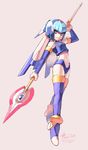  2013 android blue_eyes boots dated detached_sleeves forehead_jewel helmet highres junkpuyo leviathan_(rockman) over_shoulder polearm rockman rockman_zero smile solo spear thigh_boots thighhighs thrusters weapon weapon_over_shoulder 